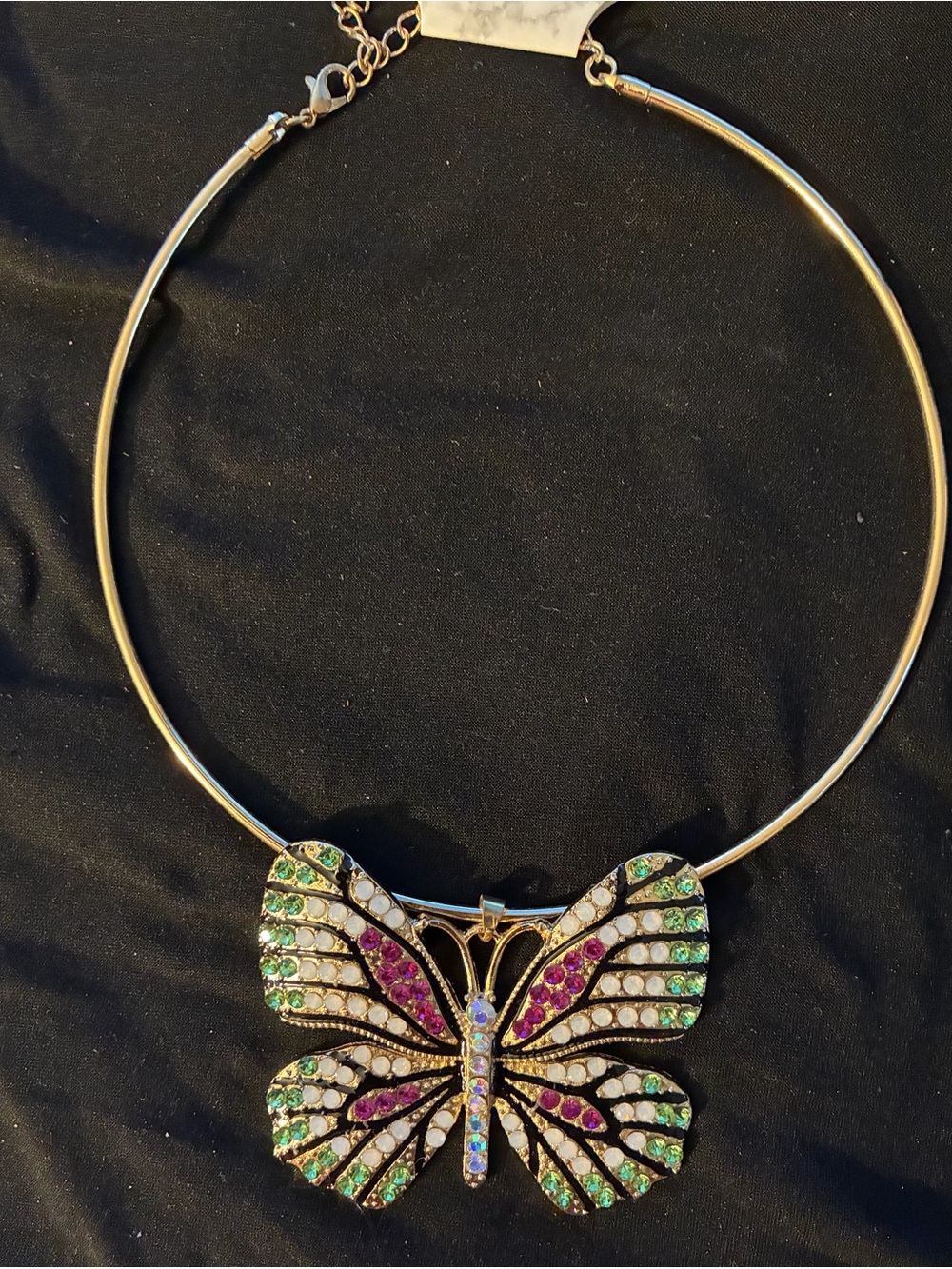 Gold Butterfly Statement Necklace with Green and Pink Crystals